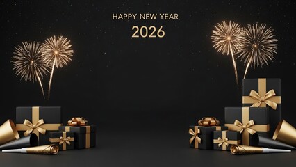 Celebrating Happy New Year 2026 Background with Gift Boxes and Fireworks on a Dark Stage