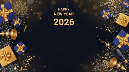 Vibrant Celebration of Happy New Year 2026 Background with Party Decorations and Sparkling Confetti