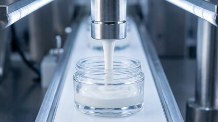 Automated filling process of white cream into glass jars on a production line