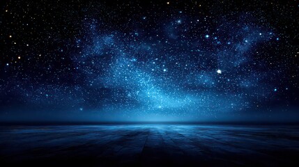 Abstract Cosmic Backdrop with Glittering Stars and Blue Hues over Dark Reflective Surface Ideal for Night Sky Scenery and Fantasy Themes with Deep Color Grading