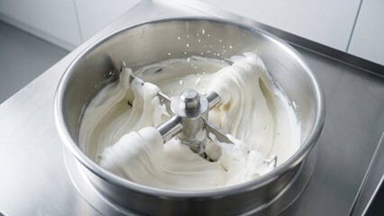 Stainless steel mixer bowl with white creamy mixture being whipped by whisk attachment kitchen appliance