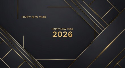 Happy New Year 2026 Background with Geometric Gold Lines on Dark Surface