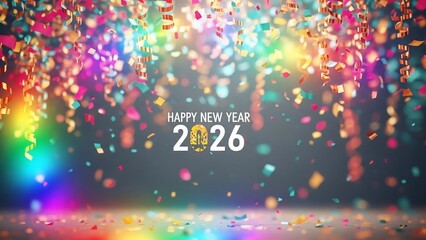 Vibrant Celebration of Happy New Year 2026 Background with Confetti and Colorful Lights