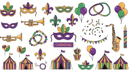 Hand Drawn Carnival Featuring Masks Trumpets Tents And Beads Keywords: carnival, mardi gras © CDMIZAN