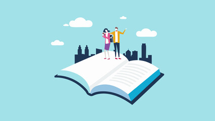 Flat design of explorers standing on a giant open book with city skyline in background