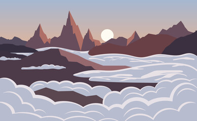 Mountain landscape above clouds at sunrise illustration