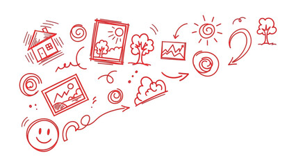 Visual Thought Process: An animated illustration of various elements, including a house, nature scenes, diagrams, sun, cloud, arrows, and a smiling face. © hafeza