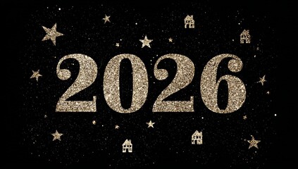 Golden shiny Happy New Year 2026 lettering animation with sparkling effects, festive Christmas celebration concept, elegant greeting inscription for holiday wishes, digital glitter background