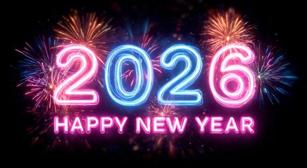 happy new year 2026, neon celebration, futuristic design, glowing lights, cyber party, vibrant fireworks, 2026 neon numbers