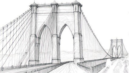 Fototapeta premium Detailed pencil sketch of the iconic Brooklyn Bridge in New York City, showcasing its architectural grandeur and historical significance.