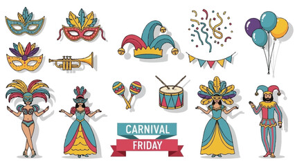 Naklejka premium Carnival Friday Costumed Performers Masks Trumpet Drum And Balloons Keywords: carnival friday