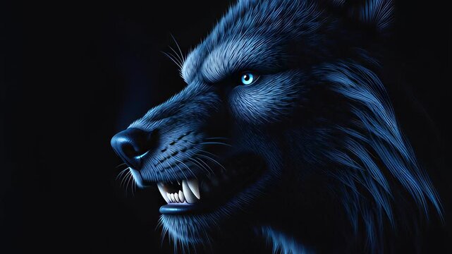 Aggressive blue werewolf snarling and showing sharp teeth with glowing eyes in a dark cinematic 3D animation, depicting horror and fantasy concepts.