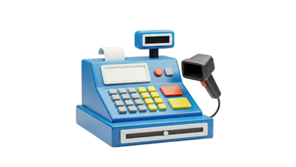 Blue Cash Register with Barcode Scanner on White