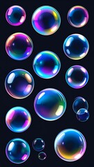 Vibrant Iridescent Soap Bubbles Floating Against a Dark Background.