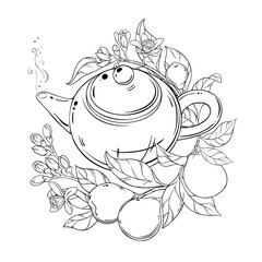 Bergamot Tea in Teapot aroma beverage Outline Illustration. Vector isolated for Design and Decoration for Cafeteria, Posters, Banners, Cards.