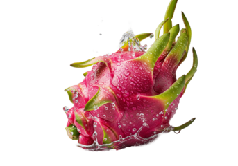 Vibrant pink dragon fruit with green scales splashing in water