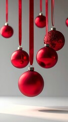 Vibrant Red Christmas Ornaments Hanging Against a Soft Grey Background.