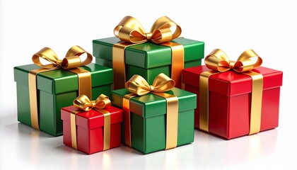 Vibrant Red and Green Gift Boxes with Golden Ribbons on a White Background.
