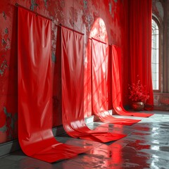 Vibrant red fabric drapes elegantly in a sunlit room, creating a dramatic and artistic interior scene with rich textures and reflections.