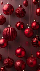 Vibrant Red Christmas Ornaments Hanging Against a Dark Background.