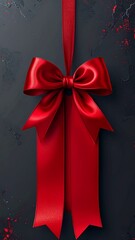 Vibrant Red Satin Ribbon Bow on Dark Background, Elegant Gift Decoration.