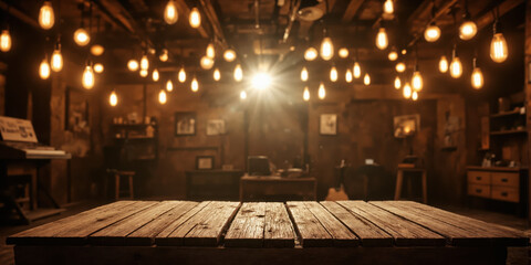 Rustic Wood Stage With Edison Bulbs A small platform of reclaimed wood planks bathed in the warm glow of hanging