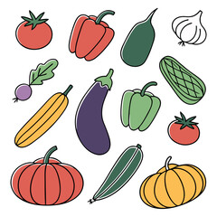 Colorful hand drawn vegetable collection, organic garden produce illustrations featuring tomato, pepper and eggplant, vector kitchen icons isolated on white background