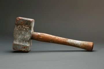 Vintage sledge hammer with wooden handle and metal head resting on a gray backdrop, representing craftsmanship and construction
