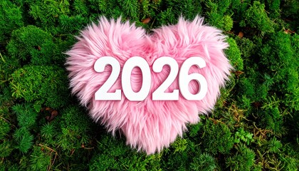 Pink furry heart-shaped decoration with white digits 2025 placed on a lush green grass background, symbolizing the welcoming of the new year 2025.