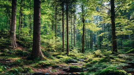 Obraz premium Lush Green Forest Illuminated By Sunlight with Tall Trees and Verdant Foliage in Bright Sunlight and Shadow with Dense Undergrowth on Forest Floor