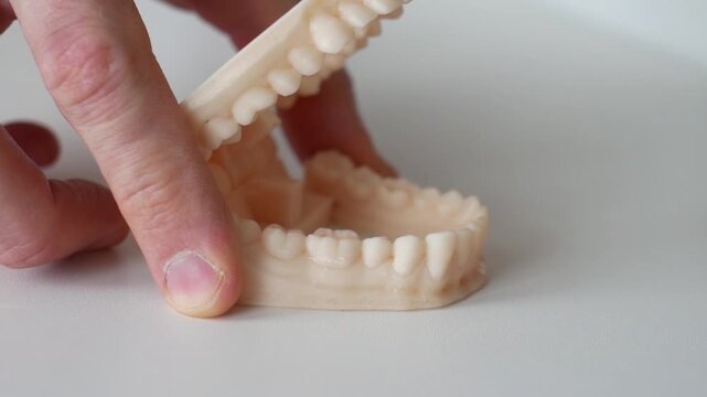 A man inserting a splint into a 3d dental mold close-up