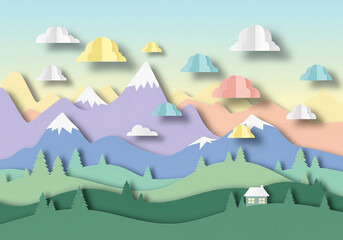 Fototapeta premium Serene mountain landscape with colorful clouds and cozy house