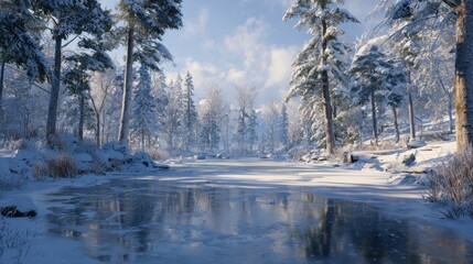 A winter wonderland scene with snow-covered trees and a frozen pond,