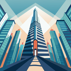 A striking geometric illustration of modern skyscrapers in a city landscape
