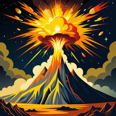 A powerful volcanic eruption sends fiery plumes and lava into the night sky