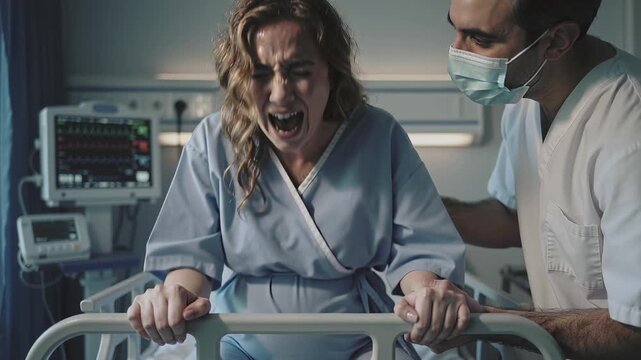 Caucasian pregnant woman screaming intense pain during labor pushing in hospital delivery room.