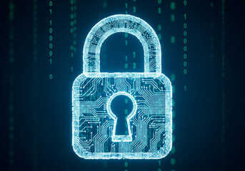 Glowing blue circuit board padlock on dark background with code