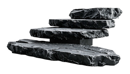 Stacked, gray stone slabs form abstract steps, floating against a black backdrop