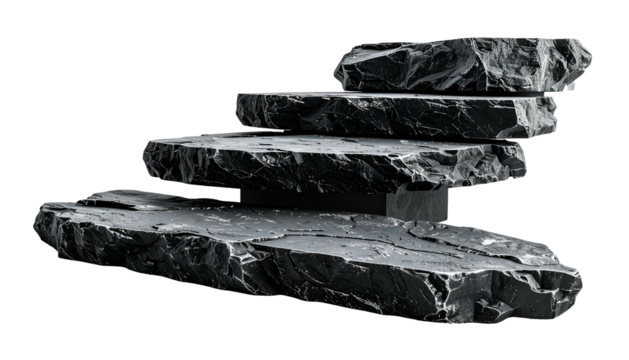 Stacked, gray stone slabs form abstract steps, floating against a black backdrop - Powered by Adobe