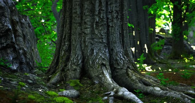 Ancient tree roots stretch gracefully over moss covered rocks in a vibrant forest. Sunlight filters through leaves, casting a peaceful glow on natures artwork.