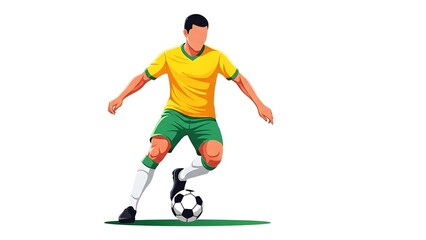 Dynamic Faceless Football Player Dribbling Soccer Ball in Brazilian Colors Vector Illustration