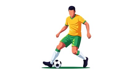 Dynamic Faceless Football Player Dribbling Soccer Ball in Brazilian Colors Vector Illustration