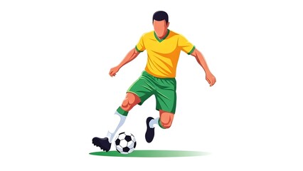 Dynamic Faceless Football Player Dribbling Soccer Ball in Brazilian Colors Vector Illustration