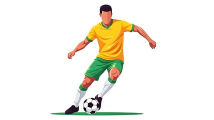 Dynamic Faceless Football Player Dribbling Soccer Ball in Brazilian Colors Vector Illustration