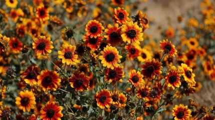 Field of Yellow and Brown Wildflowers in Full Bloom Under Bright Sunlight with Soft Focus Foreground in Outdoor Setting for Summer Season Floral