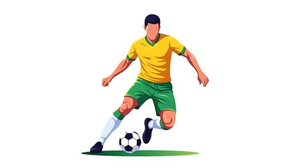 Dynamic Faceless Football Player Dribbling Soccer Ball in Brazilian Colors Vector Illustration