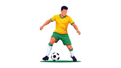 Dynamic Faceless Football Player Dribbling Soccer Ball in Brazilian Colors Vector Illustration