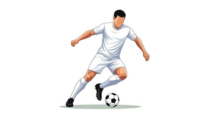 Faceless Football Player Dribbling Soccer Ball in All-White Kit Vector Illustration