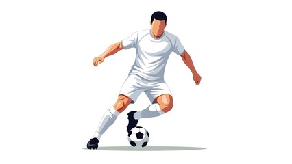 Faceless Football Player Dribbling Soccer Ball in All-White Kit Vector Illustration