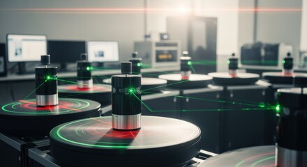 Bright lab environment with multiple autonomous vehicle lidar sensors undergoing synchronized calibration on rotating turntables.